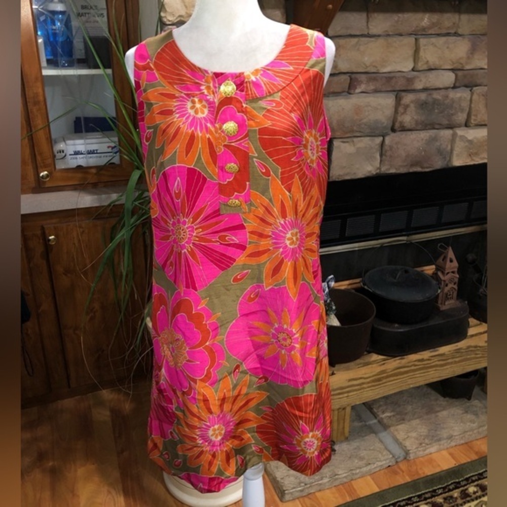 JESSICA HOWARD SIZE 12 HOT PUNK AND ORANGE FULLY LINED TROPICAL THEME DRESS EUC